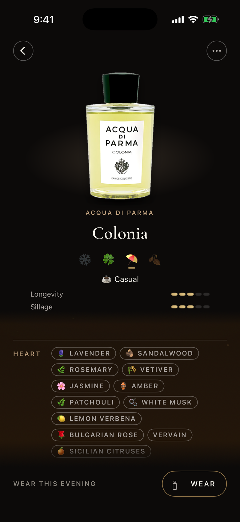 A fragrance page for Acqua di Parma Colonia, with note chips, season glyphs and longevity and sillage meters.